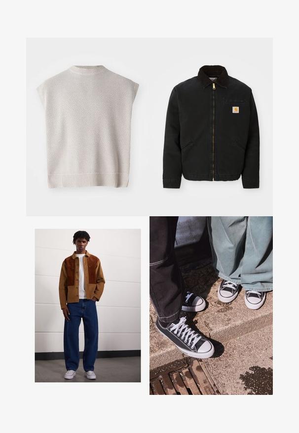 Crna jakna na zip s okovratnikom od smešnog kordura, dva bočna džepa i mala kvadratna oznaka Carhartt na lijevoj strani prsiju.; Svijetlosmeđa pletena košulja bez rukava s rebrastim rubom i okruglim izrezom. Ima teksturirani uzorak i širok kroj.; Muškarac stoji unutra odjeven u smeđi široki šal s hrđavim mrljama, bijelu majicu, labave plave traperice i bijele tenisice.; Crne platnene tenisice niskog kroja s bijelim gumenim kapicama i vezicama, uparene s širokim zelenim trapericama, na strukturiranoj kamenoj površini.