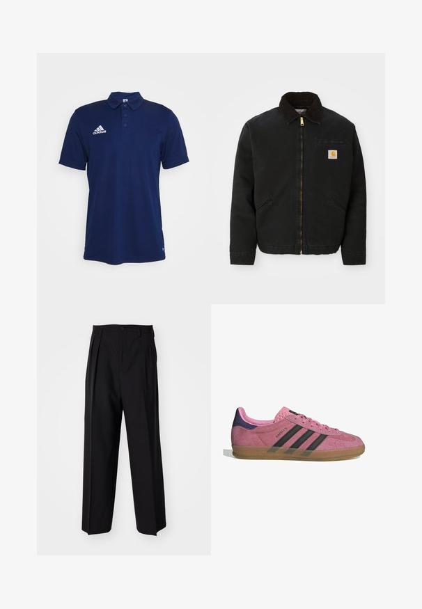 Mustan lukuga vest, millel on pruunist kangast krae, kaks küljetaskut ja väike ruudukujuline Carhartti logo patch vasakul rinnal.; Tumesinine polo särk, valmistatud siledast kangast, on varustatud kolme nupuga kaelusega, terava kraega ja valge Adidas'i logoga rinnal.; Mustad volditud püksid sirge ja laia säärega disainiga. Valmistatud siledast kangast, millel on nuppudega sulgemine ja vööaasad.; Roosa seemneviziga toss, millel on mustad triibud, kummist soon, ja tekstureeritud lilla konts. Omab nööridega sulgemist ja reljeefset brändingut küljel.