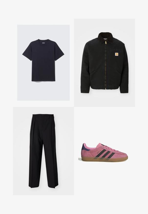 Black zip-up jacket with brown corduroy collar, two side pockets, and a small square Carhartt logo patch on the left chest.; Black cotton t-shirt with a round neck, short sleeves, and a relaxed fit. Features a simple design with no patterns or visible hardware.; Black pleated trousers with a straight, wide-leg design. Made from smooth fabric, featuring a button closure and belt loops.; Pink suede sneaker with black stripes, gum sole, and textured purple heel. Features a lace-up design and embossed branding on the side.