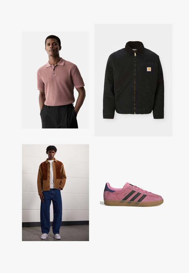 Črna jakna z zadrgo in ovratnikom iz rjave žameta, z dvema stranskima žepoma in majhno kvadratno oznako Carhartt na levem prsnem delu.; Žametna polo majica s kratkimi rokavi v prašnato roza barvi s ovratnikom in gumbom na tri gumbke. Oblečena z temnimi hlačami, roke v žepih.; Moški stoji v notranjosti, oblečen v rjav žametni jopič z rjavimi madeži, bel t-shirt, ohlapne modre kavbojke in bele superge.; Roza semišna tenisača z črnimi stripe, gumijastim podplatom in teksturiranim vijoličastim petnim delom. Ima vezalni dizajn in embosirano blagovno znamko na strani.
