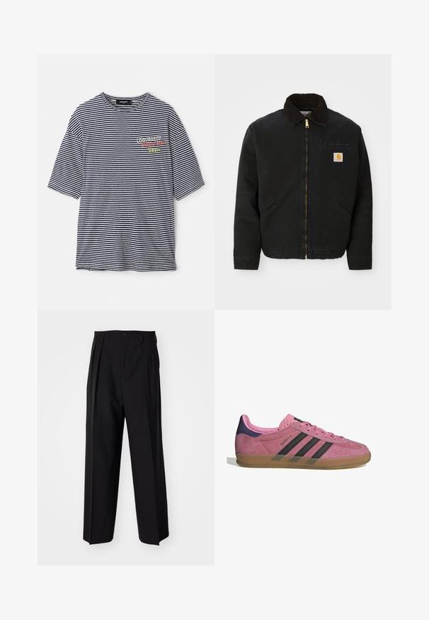 Black zip-up jacket with brown corduroy collar, two side pockets, and a small square Carhartt logo patch on the left chest.; Striped t-shirt with horizontal navy and white stripes, short sleeves, crew neckline, and multicolored embroidered text on the chest.; Black pleated trousers with a straight, wide-leg design. Made from smooth fabric, featuring a button closure and belt loops.; Pink suede sneaker with black stripes, gum sole, and textured purple heel. Features a lace-up design and embossed branding on the side.