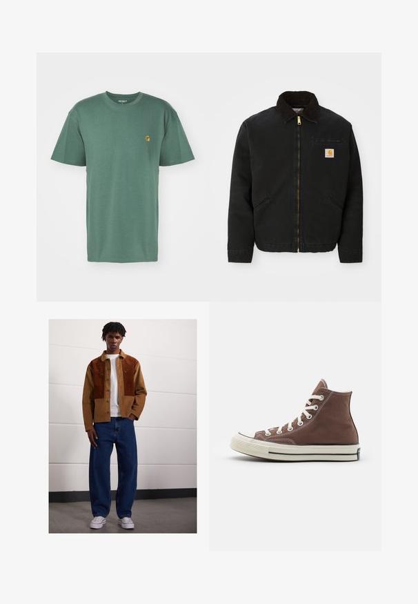 Čierna zipsová bunda s hnedým kordovým golierom, dvoma bočnými vreckami a malou štvorcovou nášivkou s logom Carhartt na ľavej hrudi.; Carhartt WIP CHASE - Základné tričko - duck green/gold; Muž stojí vo vnútorných priestoroch, oblečený v hnedých kordových sako so sivými škvrnami, biele tričko, voľné modré džínsy a biele tenisky.; Hnedé canvas tenisky s vysokým strihom, biele šnúrky, gumená špička a čierny pruh na podrážke. Vlastnosti zahŕňajú biele šitie a klasický dizajn.