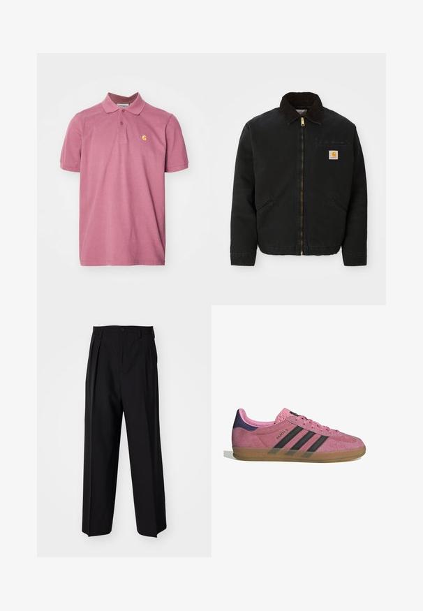 Czarna kurtka zapinana na zamek z brązowym kołnierzem z kordurowej tkaniny, dwa boczne kieszenie oraz mała, kwadratowa naszywka z logo Carhartt na lewej piersi.; Koszulka polo z krótkim rękawem w kolorze wyblakłej róży, wykonana z bawełny, z trzema guzikami oraz małym haftowanym logo po lewej stronie klatki piersiowej.; Czarne plisowane spodnie o prostym, szerokim kroju nogawek. Wykonane z gładkiego materiału, z zapięciem na guzik i pętelkami na pasek.; Różowe zamszowe sneakersy z czarnymi paskami, gumową podeszwą i teksturowanym fioletowym piętą. Posiadają sznurowany design oraz wytłoczone logo na boku.