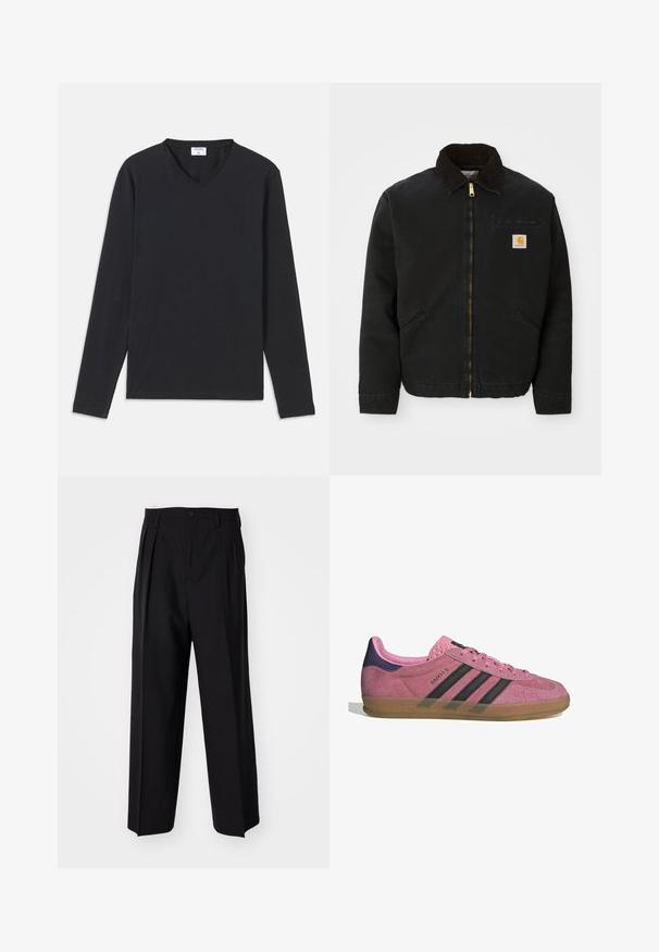 Crna jakna na zip s okovratnikom od smešnog kordura, dva bočna džepa i mala kvadratna oznaka Carhartt na lijevoj strani prsiju.; Crni dugi rukavi T-shirt s V-izrezom, izrađen od mekog materijala, sa ravnim krojem i bez vidljivih uzoraka ili akcenta.; Crne plisirane hlače s ravnim širokim nogavicama. Izrađene od glatkog materijala, s dugmadi za zatvaranje i petljama za remen.; Roze nubuk tenisice s crnim prugama, gumeni potplat i teksturirani ljubičasti petni dio. Imaju vezivanje i utisnuti brend na strani.