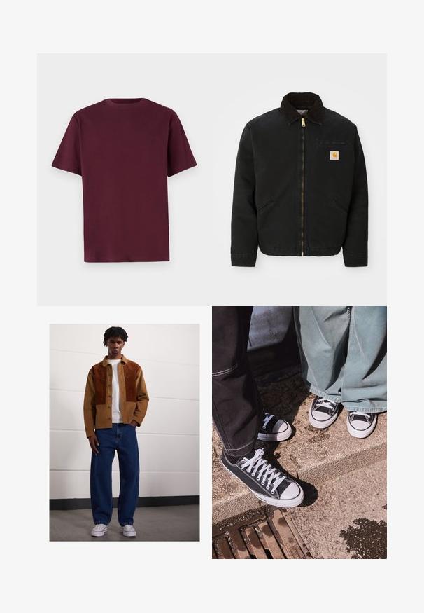 Veste noire à zip avec un col en velours côtelé marron, deux poches latérales et un petit patch carré avec le logo Carhartt sur la poitrine gauche.; T-shirt en coton bordeaux à manches courtes, col rond et texture lisse. Design simple sans motifs ni détails supplémentaires.; Homme se tenant à l'intérieur, portant une veste en velours côtelé marron avec des taches rouillées, un t-shirt blanc, un jean bleu ample et des baskets blanches.; Baskets basses en toile noire avec des embouts et des lacets en caoutchouc blanc, associées à un pantalon en denim vert large, sur une surface en pierre texturée.