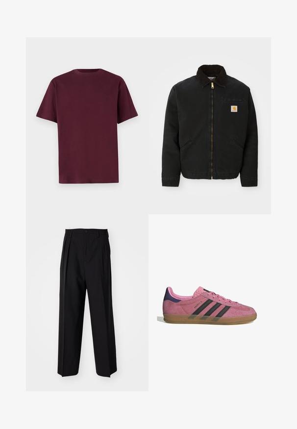 Svart zip-up jacka med brunt kordflöjlskrage, två sidofickor och en liten fyrkantig Carhartt-logotyp på vänster bröst.; Burgundy bomull t-shirt med korta ärmar, rund halsringning och en slät yta. Enkelt design med inga mönster eller ytterligare detaljer.; Svarta plisserade byxor med en rak, bred bendesign. Tillverkade av ett slätt tyg, med knäppning fram och bälteshällor.; Rosa mockasnöre med svarta ränder, gummsula och texturerad lila häl. Har en snörningsdesign och prägling på sidan.
