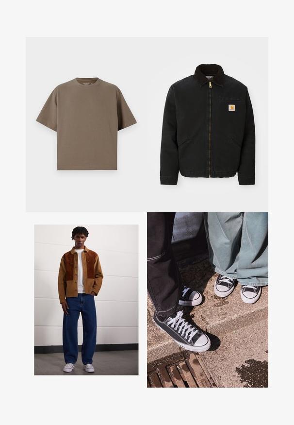 Melns zip-up jaka ar brūnu korduroja apkakli, divām sānu kabatām un mazu kvadrātveida Carhartt logotipa uzšuvumu kreisajā krūtī.; Brūns, īsām piedurknēm T-krekls, izgatavots no mīkstas auduma ar apaļu kakla izgriezumu. Iespējo brīvu piegriezumu un vienkāršu apakšmalas detaļojumu.; Vīrietis stāv telpās, ģērbies brūnā korduroja jaciņā ar rūsas pleķiem, baltā T-kreklā, brīvās zilās džinsās un baltās sporta kurpēs.; Melnas kanvas zemo profilu kedas ar baltām gumijas purngaliem un šņorēm, apvienotas ar platām zaļām džinsa biksēm, uz teksturētas akmens virsmas.