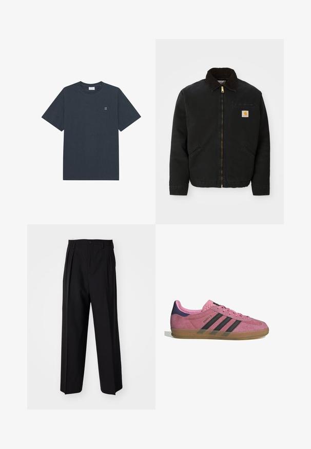 Črna jakna z zadrgo in ovratnikom iz rjave žameta, z dvema stranskima žepoma in majhno kvadratno oznako Carhartt na levem prsnem delu.; Temno siva bombažna majica s kratkimi rokavi in okroglim izrezom, z majhnim belim napisom "II" na levi strani prsnega koša.; Črne nabirane hlače s ravnim, širokim krojem. Narejene so iz gladkega materiala in imajo zadrgo ter pasne zanke.; Roza semišna tenisača z črnimi stripe, gumijastim podplatom in teksturiranim vijoličastim petnim delom. Ima vezalni dizajn in embosirano blagovno znamko na strani.