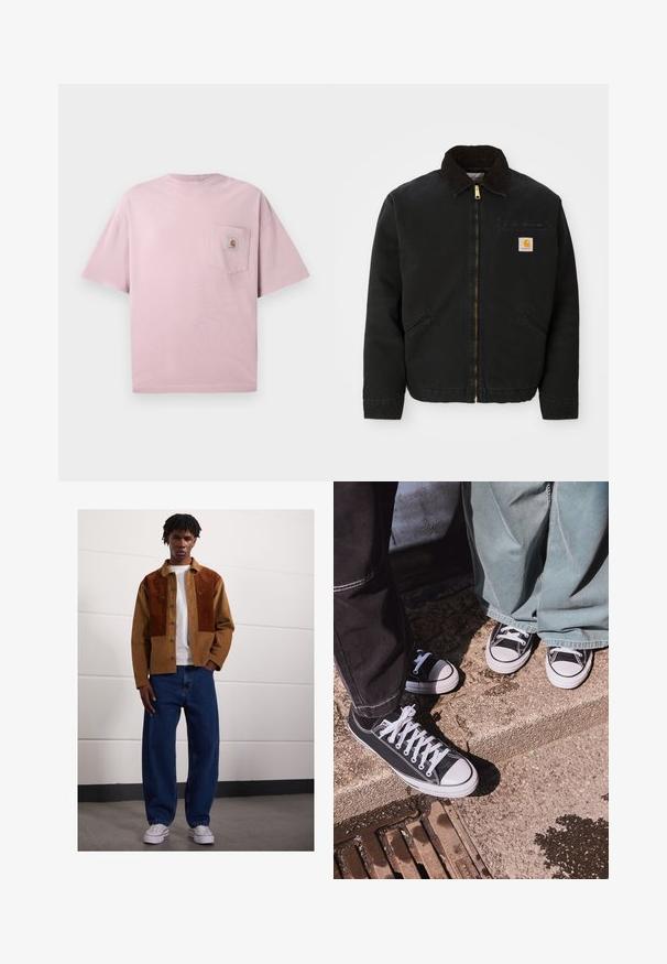 Black zip-up jacket with brown corduroy collar, two side pockets, and a small square Carhartt logo patch on the left chest.; Light pink cotton t-shirt with a crew neckline, short sleeves, and a front left pocket featuring a logo patch. Smooth texture.; Man standing indoors wearing a brown corduroy jacket with rust patches, white t-shirt, loose blue jeans, and white sneakers.; Black canvas low-top sneakers with white rubber toe caps and laces, paired with wide green denim pants, on a textured stone surface.