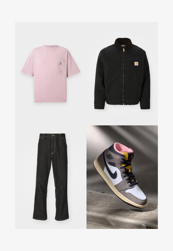 Črna jakna z zadrgo in ovratnikom iz rjave žameta, z dvema stranskima žepoma in majhno kvadratno oznako Carhartt na levem prsnem delu.; Svetlo roza bombažna majica s kratkimi rokavi in krožnim izrezom, z majhnim žepom na sprednji levi strani, ki vsebuje aplikacijo z logotipom. Gladka tekstura.; Črne jeans hlače ohlapenega kroja, ki imajo kontrastno belo šivanje, zapiranje na gumb in ravno nogavico.; Visoke Nike Air Jordan superge v beli, sivi in črni barvi z rožnato notranjostjo in rumenem jeziku, nameščene na betonski površini.