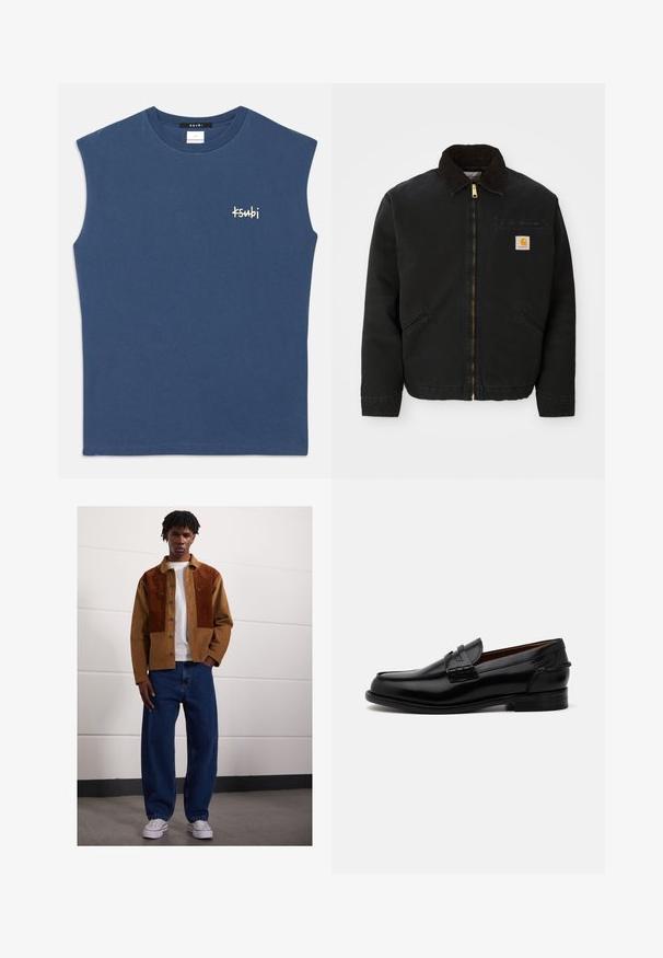 Schwarze zip-up Jacke mit braunem Cordkragen, zwei Seitentaschen und einem kleinen quadratischen Carhartt-Logo-Patch auf der linken Brust.; Blaues ärmelloses Baumwollshirt mit rundem Ausschnitt. Verfügt über ein kleines weißes "Ksubi"-Logo auf der Brust. Glatte Textur, lässiger Schnitt.; Mann steht drinnen und trägt eine braune Cordjacke mit Rostflecken, ein weißes T-Shirt, lockere blaue Jeans und weiße Sneakers.; Schwarze Leder-Loafer mit leicht verlängertem Schnitt, mit gestickten Details und einem kleinen Absatz. Glatte, glänzende Oberfläche.