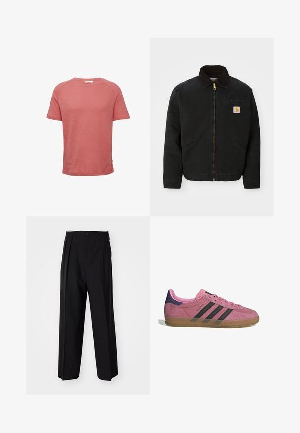 Zwarte ritsjack met een bruine corduroy kraag, twee zijzakken en een klein vierkant Carhartt logo-patch op de linkerborst.; Korte mouw t-shirt in een zachte, gedempte koraalkleur met een textuurafwerking en een ronde halslijn. Beschikt over raglanmouwen en een klein logo-label.; Zwarte geplooide broeken met een rechte, brede pijpontwerp. Gemaakt van soepele stof, met een knoopsluiting en riemlussen.; Roze suède sneaker met zwarte strepen, rubberen zool en textuur op de paarse hak. Voorzien van een vetersluiting en opgedrukte merknaam aan de zijkant.