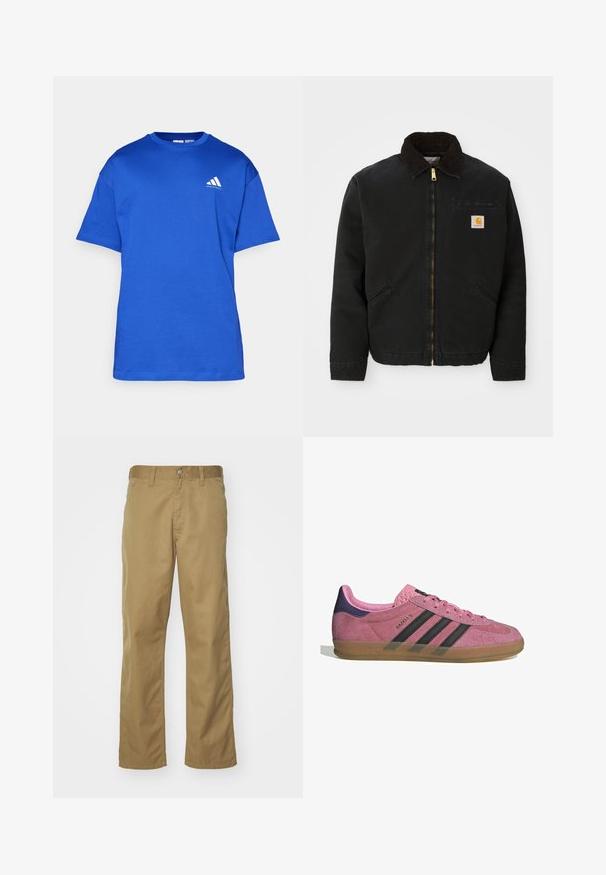 Zwarte ritsjack met een bruine corduroy kraag, twee zijzakken en een klein vierkant Carhartt logo-patch op de linkerborst.; Blauw katoenen T-shirt met ronde hals, korte mouwen en een wit Adidas-logo op het linkerborstgedeelte. Soepele textuur, casual ontwerp.; Khaki chino's met een recht gesneden ontwerp, gemaakt van soepel katoenstof. Voorzien van een knoopsluiting aan de voorkant en zijzakken.; Roze suède sneaker met zwarte strepen, rubberen zool en textuur op de paarse hak. Voorzien van een vetersluiting en opgedrukte merknaam aan de zijkant.