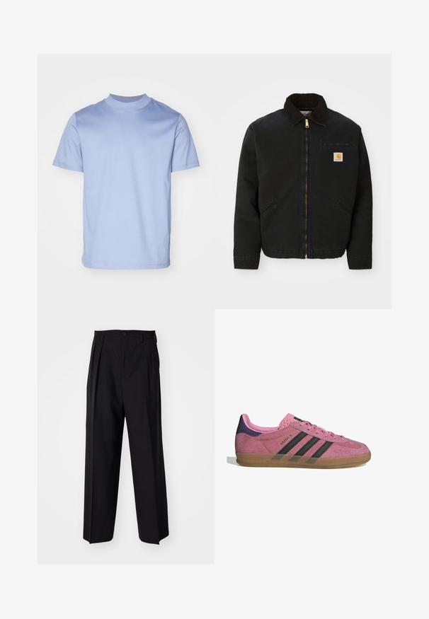 Svarte zip-up jakke med brun kordfløyelskrage, to sidelommer og en liten firkantet Carhartt-logo på venstre bryst.; Lyseblå t-skjorte med korte ermer og høy rund hals, laget av myk bomull. Har et rent, enkelt design uten synlige logoer.; Sorte plissert bukser med en rett, bred benform. Laget av glatt stoff, med knappelukking og beltehemper.; Rosa semskesko med svarte striper, gummisåle og teksturert lilla hæl. Har en snøringdesign og preget merkevare på siden.