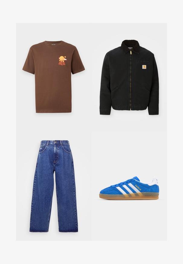 Black zip-up jacket with brown corduroy collar, two side pockets, and a small square Carhartt logo patch on the left chest.; Brown short-sleeve T-shirt with small orange graphic of a burger holding a surfboard and text "SUN OUT BUNS OUT" on the left chest.; Wide-leg, blue denim jeans with a high waist, featuring five pockets, a button closure, and subtle fading for texture.; Blue suede sneaker with white stripes and “Gazelle” text. Features gum rubber sole and textured accents on the upper. Classic design.