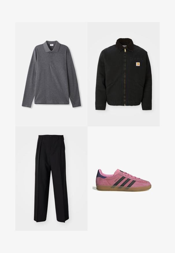 Zwarte ritsjack met een bruine corduroy kraag, twee zijzakken en een klein vierkant Carhartt logo-patch op de linkerborst.; Langsleeve polo shirt in donkergrijze katoen, met een klassieke kraag, drie knopen en een relaxte pasvorm. Glad textuur.; Zwarte geplooide broeken met een rechte, brede pijpontwerp. Gemaakt van soepele stof, met een knoopsluiting en riemlussen.; Roze suède sneaker met zwarte strepen, rubberen zool en textuur op de paarse hak. Voorzien van een vetersluiting en opgedrukte merknaam aan de zijkant.