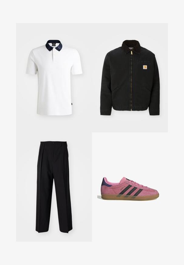Czarna kurtka zapinana na zamek z brązowym kołnierzem z kordurowej tkaniny, dwa boczne kieszenie oraz mała, kwadratowa naszywka z logo Carhartt na lewej piersi.; BOSS PHILLIPSON biały; Czarne plisowane spodnie o prostym, szerokim kroju nogawek. Wykonane z gładkiego materiału, z zapięciem na guzik i pętelkami na pasek.; Różowe zamszowe sneakersy z czarnymi paskami, gumową podeszwą i teksturowanym fioletowym piętą. Posiadają sznurowany design oraz wytłoczone logo na boku.