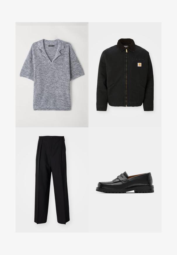 Casaco preto com fecho zip, colarinho de cabedal castanho, dois bolsos laterais e um pequeno patch quadrado com o logótipo da Carhartt no lado esquerdo do peito.; Pulôver de manga curta em malha texturizada, com decote em V e numa cor cinza-azulada com um padrão subtil. Material suave e leve.; Calças pretas plissadas com um design reto e de perna larga. Feitas de um tecido liso, apresentam um fecho de botão e passantes para cinto.; Os mocassins de couro preto apresentam uma costura elevada, duas tiras decorativas na parte superior e uma sola grossa e texturizada para maior aderência.