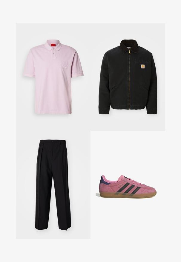 Sort zip-up jakke med brun kordfløjlskrave, to sidelommer og et lille firkantet Carhartt logo patch på venstre bryst.; Lyserød polo skjorte med krave, korte ærmer og broderet "HUGO" logo på venstre bryst. Lavet af blødt materiale med en glat tekstur.; Sorte plisserede bukser med et lige, bred ben-design. Fremstillet af glat stof, med en knaplukning og bæltesløjfer.; Lyserøde ruskinds sneakers med sorte striber, gummisål og struktureret lilla hæl. Har snøredesign og præget branding på siden.