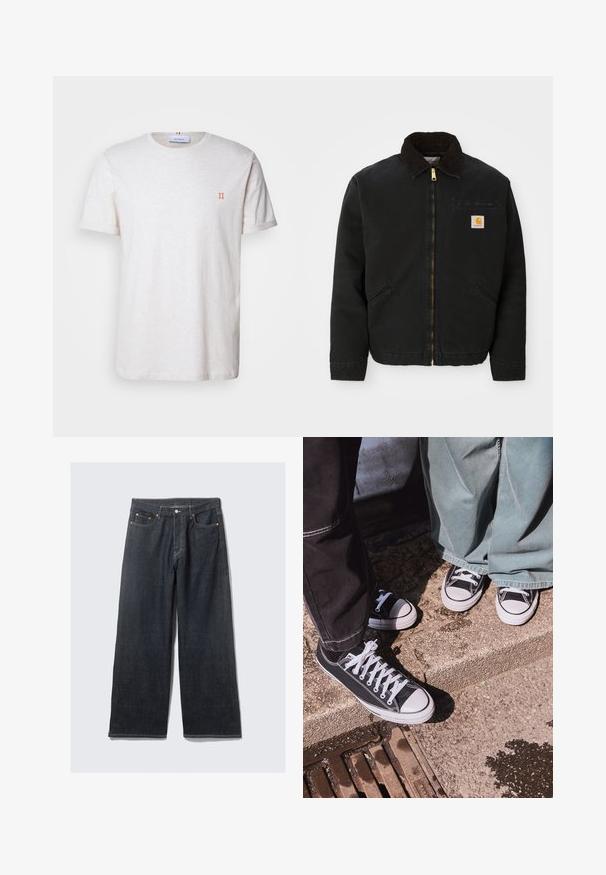 Chaqueta negra con cremallera y cuello de pana marrón, dos bolsillos laterales y un pequeño parche cuadrado con el logo de Carhartt en el lado izquierdo del pecho.; Les Deux NØRREGAARD SEASONAL - Camiseta básica - ivory/orange; Vaqueros de mezclilla oscura de pierna ancha con una cintura alta, que presentan costuras naranjas en contraste, cinco bolsillos y un cierre frontal con botón.; Zapatillas bajas de lona negras con punteras y cordones de goma blanca, combinadas con pantalones de mezclilla verde anchos, sobre una superficie de piedra texturizada.
