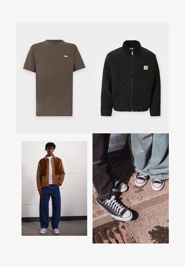 Svarte zip-up jakke med brun kordfløyelskrage, to sidelommer og en liten firkantet Carhartt-logo på venstre bryst.; Brun bomull t-skjorte med rund hals og korte ermer. Har en liten hvit "OBEY" logo på venstre øvre brystområde.; Mann som står innendørs iført en brun kordfløyelsjakke med rustfargede flekker, hvit t-skjorte, løse blå jeans og hvite sneakers.; Svart lerret lågtopp sneakers med hvite gummitåkapper og snørebånd, sammen med vide grønne denimbukser, på en teksturert steinoverflate.
