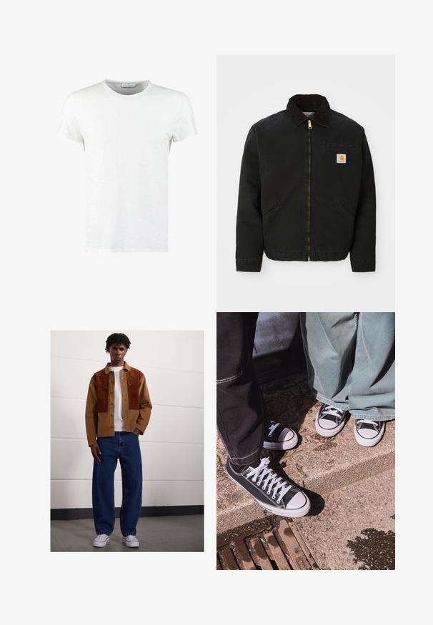 Black zip-up jacket with brown corduroy collar, two side pockets, and a small square Carhartt logo patch on the left chest.; White cotton t-shirt with a crew neckline and short sleeves, featuring a fine texture and minimalistic design. No patterns or accents.; Man standing indoors wearing a brown corduroy jacket with rust patches, white t-shirt, loose blue jeans, and white sneakers.; Black canvas low-top sneakers with white rubber toe caps and laces, paired with wide green denim pants, on a textured stone surface.