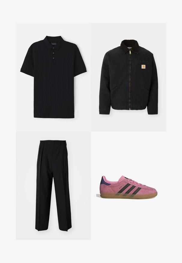 Czarna kurtka zapinana na zamek z brązowym kołnierzem z kordurowej tkaniny, dwa boczne kieszenie oraz mała, kwadratowa naszywka z logo Carhartt na lewej piersi.; Czarny, krótki rękaw polo z fakturowanego materiału, z trzema guzikami i małym detalem logo na dolnym brzegu.; Jasnoróżowa koszula zapinana na guziki z pionowymi niebieskimi paskami, z kołnierzykiem, długimi rękawami i luźnym krojem. Wykonana z gładkiej tkaniny o lekko połyskującej powierzchni.; Czarne plisowane spodnie o prostym, szerokim kroju nogawek. Wykonane z gładkiego materiału, z zapięciem na guzik i pętelkami na pasek.; Różowe zamszowe sneakersy z czarnymi paskami, gumową podeszwą i teksturowanym fioletowym piętą. Posiadają sznurowany design oraz wytłoczone logo na boku.