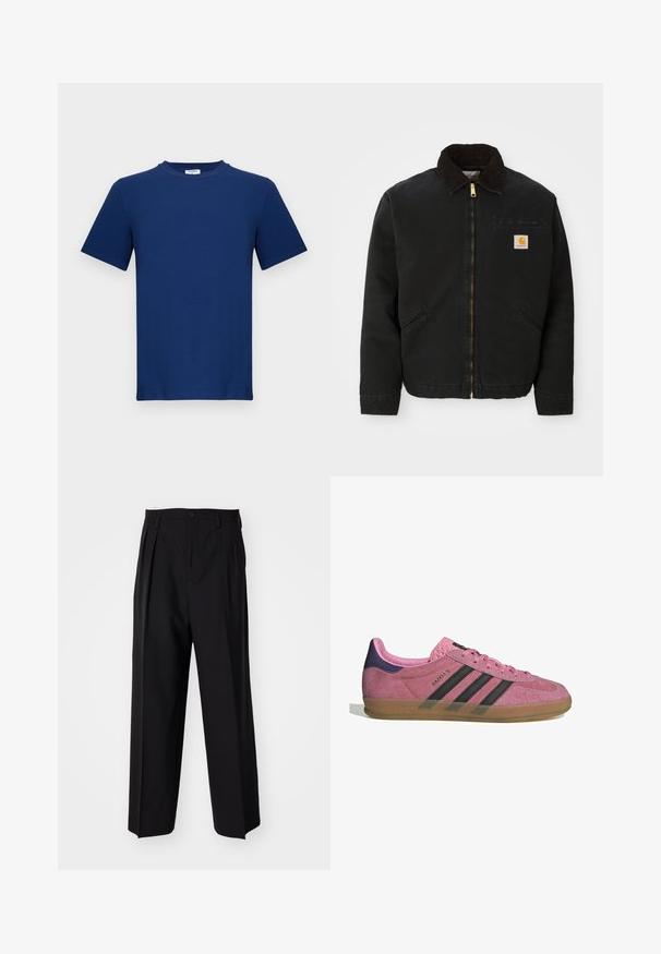 Black zip-up jacket with brown corduroy collar, two side pockets, and a small square Carhartt logo patch on the left chest.; Navy blue short-sleeve T-shirt made of cotton. Features a crew neck and straight cut, with a smooth texture and no visible patterns.; Black pleated trousers with a straight, wide-leg design. Made from smooth fabric, featuring a button closure and belt loops.; Pink suede sneaker with black stripes, gum sole, and textured purple heel. Features a lace-up design and embossed branding on the side.