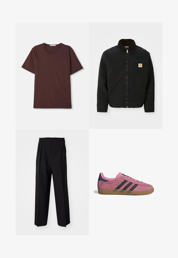 Čierna zipsová bunda s hnedým kordovým golierom, dvoma bočnými vreckami a malou štvorcovou nášivkou s logom Carhartt na ľavej hrudi.; Tmavočervené tričko s krátkym rukávom vyrobené z mäkkej bavlny. Má okrúhly výstrih a voľný strih bez viditeľných vzorov alebo kovových prvkov.; Čierne skladané nohavice s rovnom, širokým strihom. Vyrobené z hladkého materiálu, s gombíkovým zapínaním a pútkami na opasok.; Rúžové semišové tenisky s čiernymi pruhmi, gumovou podrážkou a textúrovaným fialovým podpätkom. Obsahujú šnurovací dizajn a embosované logo na strane.