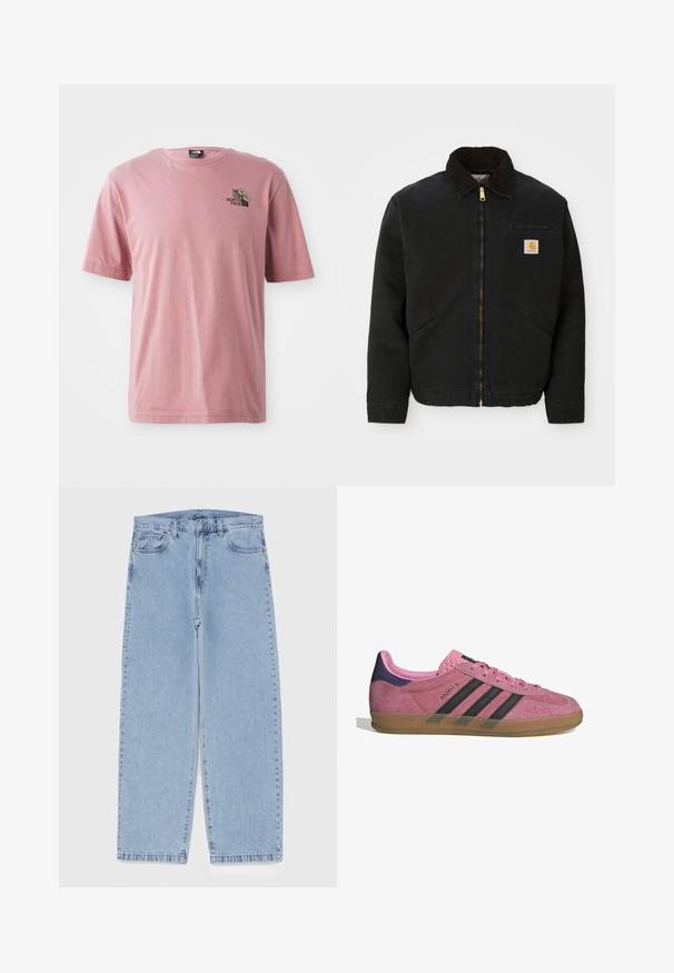 Juodas užtrauktukas švarkas su rudąja kordurojo apykakle, dviem šoninėm kišenėm ir mažas kvadratinis Carhartt logotipo pleistras kairėje krūtinės pusėje.; Rausvos medvilnės marškinėliai su apykakle, trumpomis rankovėmis ir maža grafika su prekės ženklo logo ant krūtinės.; Šviesiai mėlyni džinsai su tiesiomis kojomis, turintys vidutinio aukščio juosmenį, penkias kišenes ir mygtuko bei užtrauktuko uždarymą.; Rožiniai suediniai sportbačiai su juodomis juostelėmis, gumos padas ir tekstūruotas purpurinis kulnas. Yra šnarančios auselės ir įspaustas prekės ženklas šone.