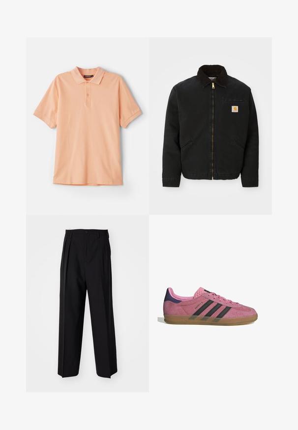 Juodas užtrauktukas švarkas su rudąja kordurojo apykakle, dviem šoninėm kišenėm ir mažas kvadratinis Carhartt logotipo pleistras kairėje krūtinės pusėje.; Persikas polosmaras, pagamintas iš medvilnės. Turi klasikinį apykaklę, trumpus rankovės ir subtilų logotipą ant krūtinės. Minkšta tekstūra, paprastas dizainas.; Juodi klostuoti kelnių, su tiesiu, plačiu kojų dizainu. Pagaminti iš lygios medžiagos, su mygtukų uždarymu ir diržo kilputėmis.; Rožiniai suediniai sportbačiai su juodomis juostelėmis, gumos padas ir tekstūruotas purpurinis kulnas. Yra šnarančios auselės ir įspaustas prekės ženklas šone.