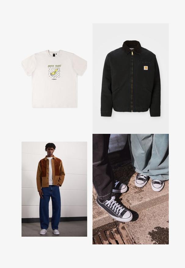 Černá zipová bunda s hnědým kordovým límcem, dvě boční kapsy a malá čtvercová nášivka s logem Carhartt na levé hrudi.; Bílý bavlněný tričko s potiskem žlutého ptáčka a textem "OSVOBODI SE!" v černé barvě. Krátké rukávy s volným střihem.; Muž stojící uvnitř, oblečený v hnědé kordové bundě se rezavými skvrnami, bílém tričku, volných modrých džínách a bílých teniskách.; Černé plátěné tenisky s nízkým střihem a bílými gumovými špičkami a tkaničkami, v kombinaci s širokými zelenými džínovými kalhotami, ležící na texturovaném kamenném povrchu.