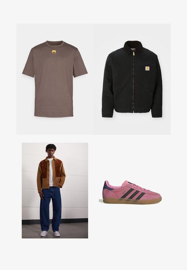 Svarte zip-up jakke med brun kordfløyelskrage, to sidelommer og en liten firkantet Carhartt-logo på venstre bryst.; Brun bomull t-skjorte med rund hals, korte ermer og en liten gul grafikk av en tann detalj på brystet.; Mann som står innendørs iført en brun kordfløyelsjakke med rustfargede flekker, hvit t-skjorte, løse blå jeans og hvite sneakers.; Rosa semskesko med svarte striper, gummisåle og teksturert lilla hæl. Har en snøringdesign og preget merkevare på siden.