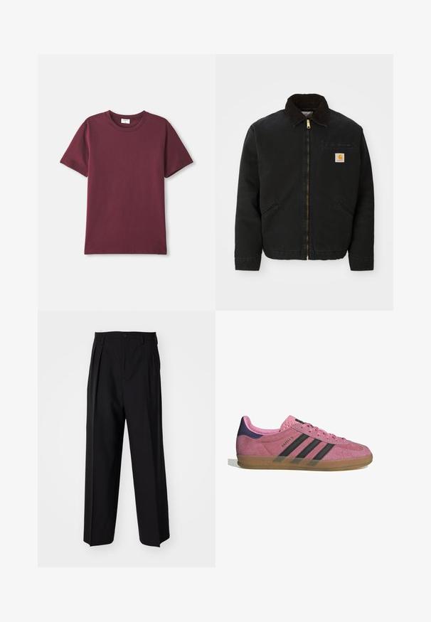 Fekete zipzáras dzseki barna kordbársony gallérral, két oldalsó zsebbe és egy kis négyzet alakú Carhartt logóval a bal mellen.; Burgundi színű pamut póló, környakú, rövid ujjú és laza fazonú. Sima textúrájú és minimalista dizájnú.; Fekete, pliszírozott nadrág, egyenes, széles lábakkal. Sima anyagból készült, gombos záródással és övhurkokkal rendelkezik.; Rózsaszín velúr sportcipő fekete csíkkal, gumi talppal és texturált lila sarokkal. Fűzős kialakítással és a márka dombornyomott logójával az oldalon.