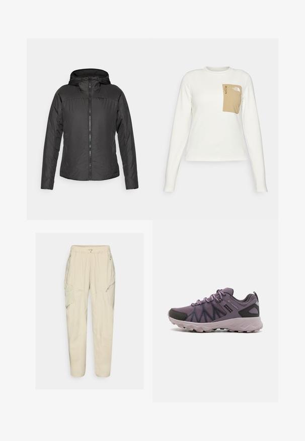 Černá kapucí s předním zipem, s lehkým prošívaným designem a elastickými manžetami pro těsný fit.; Bílá košile s dlouhým rukávem vyrobená z texturované látky, s béžovou náprsní kapsou, která má šňůrku a logo.; Světlé béžové cargo kalhoty s elastickým pasem, zipovými kapsami a detailními panely. Vyrobené z hladké, lehké tkaniny.; Lehké fialové turistické boty s síťovaným svrškem, černými detaily, polstrovanou podrážkou a robustním vzorkem pro lepší trakci.