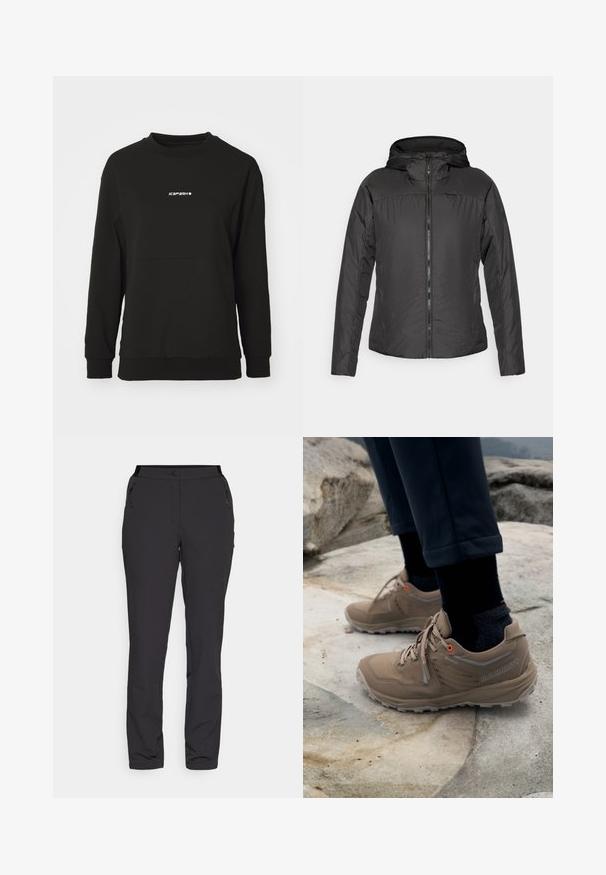 Fekete kapucnis dzseki elülső cipzárral, könnyű, steppelt kialakítással és rugalmas mandzsettákkal a kényelmes illeszkedés érdekében.; Fekete pulóver texturált anyagból. Kerek nyakkivágással, hosszú ujjakkal és középső, fehér logóval rendelkezik, illeszkedő szegéllyel.; Fekete kültéri nadrág, könnyű anyagból készült, egyenes lábbal, cipzáras oldalzsebekkel és állítható derékkal rendelkezik.; Beige túracipők, velúrból és hálós anyagból, szürke részletekkel és élénk narancssárga fűzőlyukakkal. Gore-Tex logó látható az oldalon.