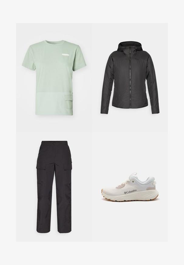 Svart hettejakke med glidelås foran, med et lett, quiltet design og elastiske mansjetter for en tettsittende passform.; Lys grønn t-skjorte laget av myk bomull med rund hals. Har en lapp lomme nederst til venstre og en liten logo på brystet.; Svart cargo-bukser laget av slitesterkt stoff, med flere sidelommer, knappelukking og en løs passform med rette ben.; Lettvekts Columbia treningssko i hvit mesh med en teksturert grå såle og gummitraction. Har en polstret krage og snøring.