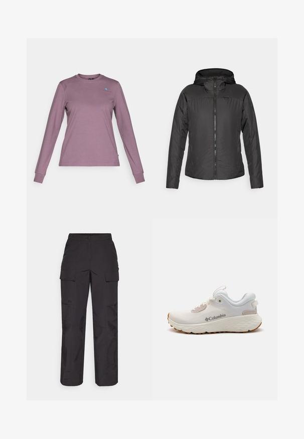 Giacca nera con cappuccio e zipper frontale, caratterizzata da un design leggero e trapuntato e polsini elastici per una vestibilità aderente.; Maglietta a maniche lunghe in lavanda tenue. Realizzata in un morbido tessuto con scollatura a girocollo, presenta un piccolo logo blu sul petto e maniche aderenti.; Pantaloni cargo neri realizzati in tessuto resistente, caratterizzati da molteplici tasche laterali, chiusura con bottone e vestibilità ampia con gambe dritte.; Scarpa atletica leggera Columbia in rete bianca con suola grigia testurizzata e trazione in gomma. Presenta un colletto imbottito e un design con lacci.