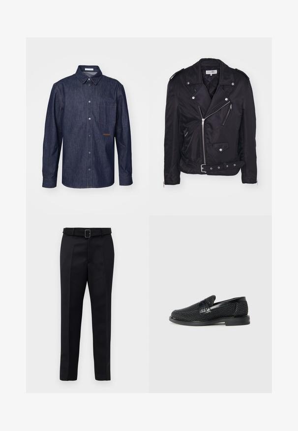 MM6 Maison Margiela Light jacket - black; Dark denim shirt featuring a button-up front, pointed collar, single chest pocket, and contrasting stitching details.; Black tailored trousers feature a smooth fabric, straight cut, and a belted waist with a rectangular buckle. Notable front creases enhance the design.; Black woven slip-on shoe with a smooth leather accent on the upper, a round toe design, and a low-profile rubber sole.