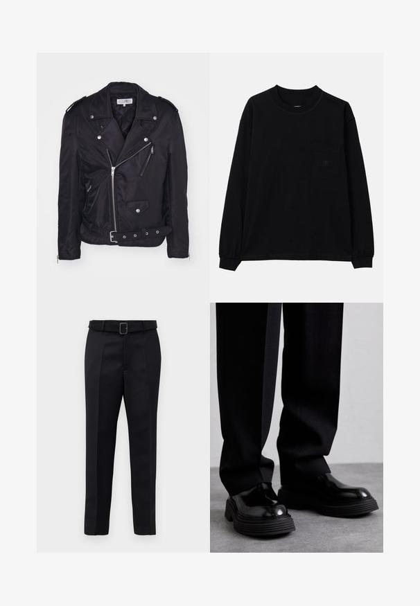 MM6 Maison Margiela Lengva striukė - black; Juodas ilgomis rankovėmis marškinėliai, pagaminti iš medvilnės, su apvaliu iškirpimu, kairėje krūtinės pusėje yra kišenė, rankogaliai elastingi. Minimalistinis dizainas, be raštų.; Juodos pritaikytos kelnės turi lygią medžiagą, tiesų kirpimą ir diržą su stačiakampiu sagtimi. Išskirtiniai priekiniai raukšliai pagerina dizainą.; The Antipode BEATLES - Klasikiniai aulinukai - black