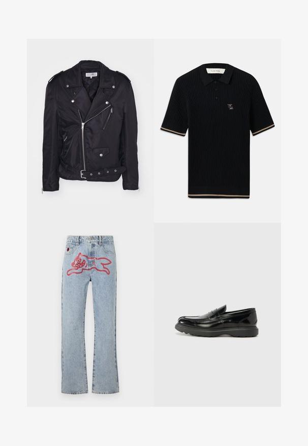 MM6 Maison Margiela Jachetă subțire - black; Polo negru cu manșon scurt, cu textură în riduri, guler, trei nasturi, margine bej la manșete și la tiv, și logo-ul FP brodat pe pieptul stâng.; Blugi din denim albastru deschis, cu un design drept, prezentând un grafic mare cu o pisică roșie, stil cartoon, pe spate și un styling tradițional cu cinci buzunare.; Mocasin din piele neagră cu o finisare lucioasă, vârf rotunjit, detalii de cusătură subtile și o talpă groasă din cauciuc pentru durabilitate.