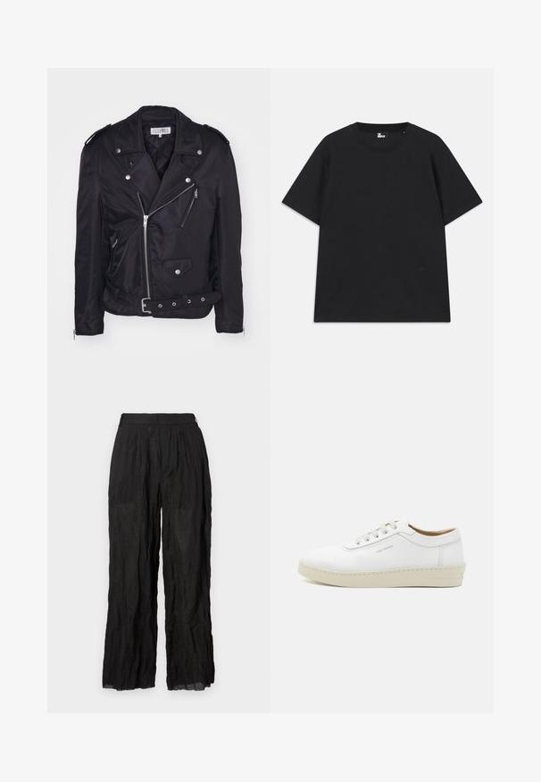 MM6 Maison Margiela Könnyű dzseki - black; Fekete, rövid ujjú pamut póló, kerek nyakkivágással és egy kis logórészlettel az alján. Sima textúra, normál szabás.; Fekete vászon, bővülő szárú nadrág texturált felülettel. Rugalmas derékrésszel és enyhe redőzéssel rendelkezik.; Fehér bőr sportcipő textúrázott felülettel, kerek orral, bézs gumitalppal és hat szürke fűzőlyukkal, melyen diszkrét logó található az oldalon.