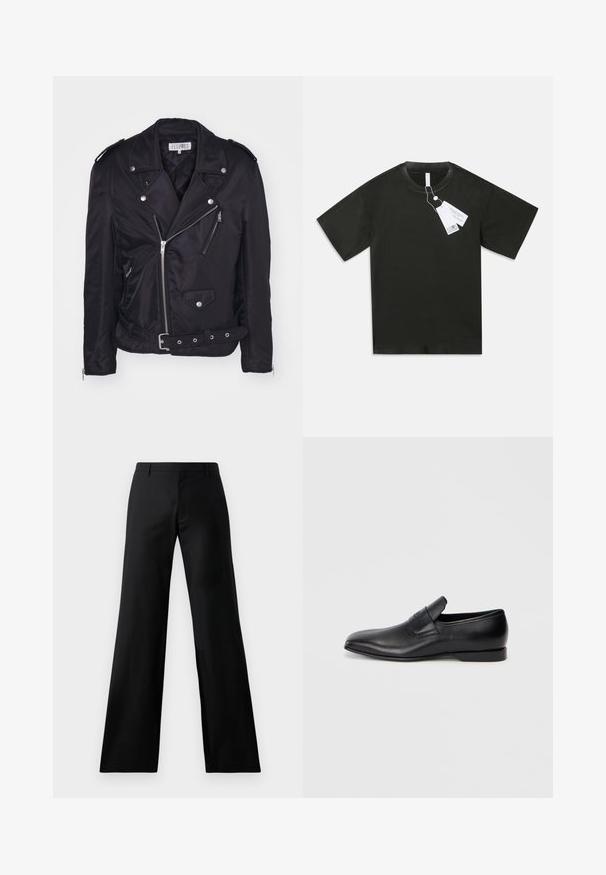 MM6 Maison Margiela Lengva striukė - black; Juoda trumpomis rankovėmis medvilninė marškinėlių su apvaliu kaklu, su prisegtomis baltomis produkto etiketėmis, kabojo ant paprasto balto fono.; Juoda pločio kojų kelnės, pagamintos iš lygaus audinio. Turi vidutinio aukščio juosmenį ir priekinės raukšlės, siūlančios pritaikytą siluetą.; Juodos odinės slip-on tipo bateliai su smailiu pirštu, lygia tekstūra ir subtiliu ženklinimu šone. Žemas kulnas su tvarkingu, minimalistiniu dizainu.