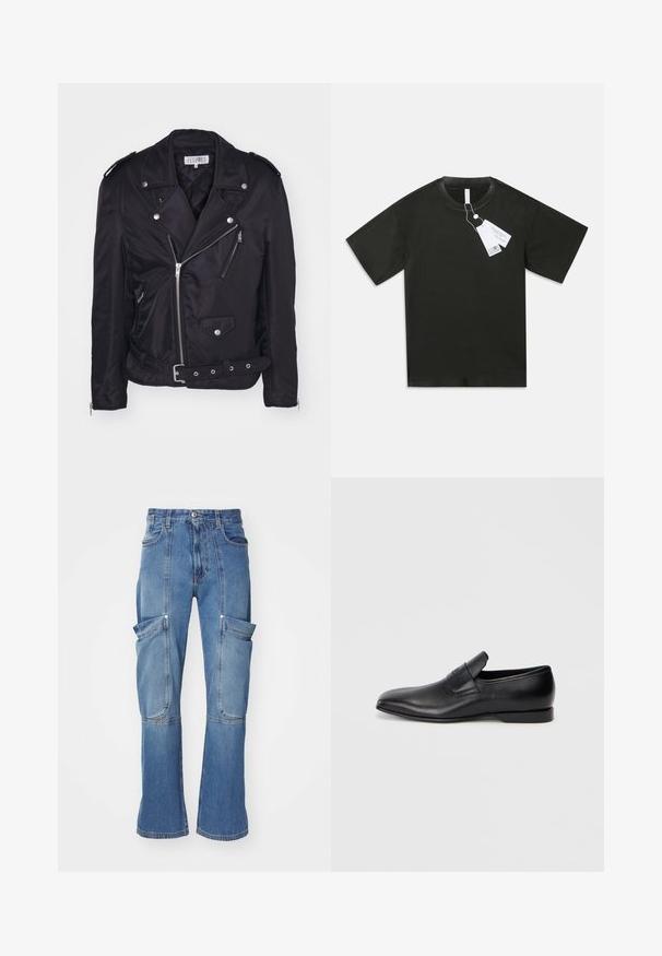 MM6 Maison Margiela Ľahká bunda - black; Čierne krátke rukávy bavlnené tričko s okrúhlym výstrihom a pripevnenými bielymi produktovými štítkami visiaci z goliera na jednoduchom bielom pozadí.; Denimové cargo nohavice vo svetlom modrom odtieni s vysokým pásom, množstvom bočných vreciek a rozšírenými nohavicami, s kontrastným prešívaním a zipsovým uzatváraním.; Čierne kožené poltopánky bez šnúrok s ostrou špičkou, hladkou textúrou a diskrétnym logom na boku. Nízky podpätok s čistým, minimalistickým dizajnom.