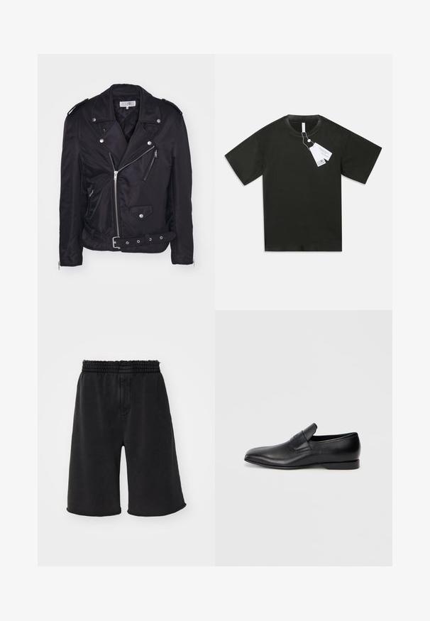 MM6 Maison Margiela Übergangsjacke - black; Schwarzes, kurzärmliges Baumwoll-T-Shirt mit Rundhalsausschnitt und daran befestigten weißen Produktetiketten, die vom Kragen auf einem schlichten weißen Hintergrund hängen.; Helmut Lang UPSTATE - Jogginghose - black; Schwarzer Leder-Slipper mit spitzer Zehe, glatter Textur und dezentem Branding an der Seite. Niedriger Absatz mit einem klaren, minimalistischen Design.