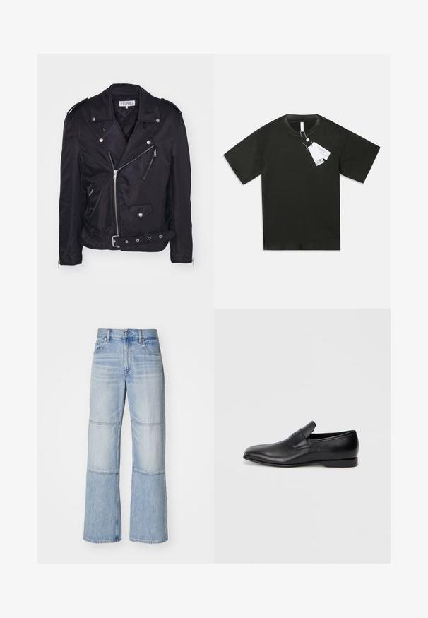 MM6 Maison Margiela Light jacket - black; Black short-sleeve cotton T-shirt with round neck and attached white product tags hanging from the collar on a plain white background.; Light blue denim trousers with a wide-leg design, featuring contrasting panels and visible stitching. High-waisted with a button closure.; Black leather slip-on shoe with a pointed toe, smooth texture, and subtle branding on the side. Low heel with a clean, minimal design.