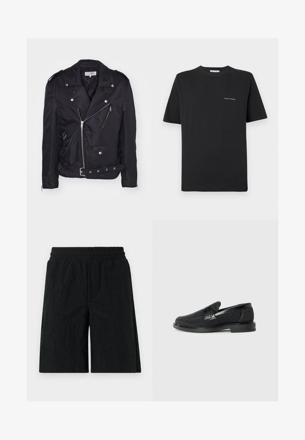 MM6 Maison Margiela Könnyű dzseki - black; Fekete pamut póló kerek nyakkivágással, rövid ujjakkal és egy kis fehér "TIGER OF SWEDEN" logóval a mellkasán. Klasszikus fazon.; Fekete nadrág, rugalmas derekú, texturált anyagból készült, térd hosszúságú fazon, oldalsó zsebekkel.; Fekete szőtt slip-on cipő sima bőr díszítéssel a felsőrészen, kerek orral és alacsony profilos gumitalppal.