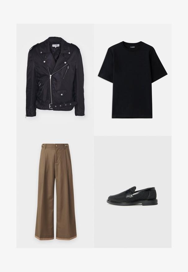 MM6 Maison Margiela Overgangsjakke - black; Sort bomulds T-shirt med rund hals og korte ærmer. Har subtil logo-broderi på venstre bryst. Flad, glat tekstur.; Bredde ben bukser i et mørkebrunt stof, der har to sidelommer, to dekorative forreste knapper og en kontrast kant.; Sort vævet slip-on sko med en glat læderdetalje på overdelen, en rund tådesign og en lavprofil gummisål.