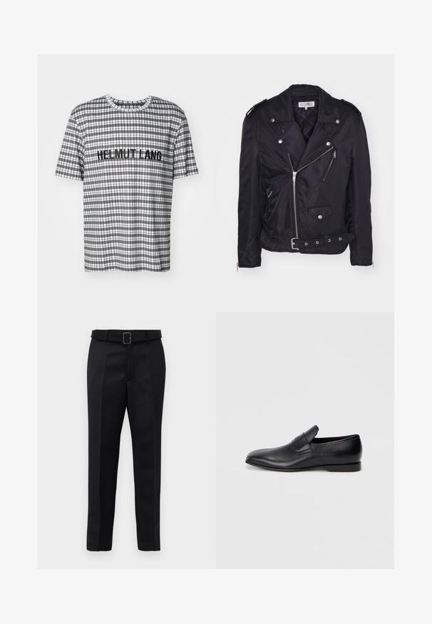 MM6 Maison Margiela Light jacket - black; Short-sleeve plaid t-shirt in black, white, and gray, featuring "HELMUT LANG" embroidered in black across the chest.; Black tailored trousers feature a smooth fabric, straight cut, and a belted waist with a rectangular buckle. Notable front creases enhance the design.; Black leather slip-on shoe with a pointed toe, smooth texture, and subtle branding on the side. Low heel with a clean, minimal design.