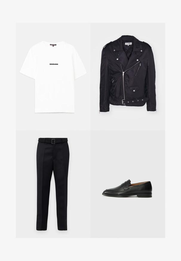 MM6 Maison Margiela Light jacket - black; White cotton t-shirt with a relaxed fit, featuring short sleeves and a black "MICHAEL KORS" logo printed across the center.; Black tailored trousers feature a smooth fabric, straight cut, and a belted waist with a rectangular buckle. Notable front creases enhance the design.; Black leather loafer with a rounded toe, subtle stitched detailing, and a low heel, featuring a smooth texture and minimalist design.